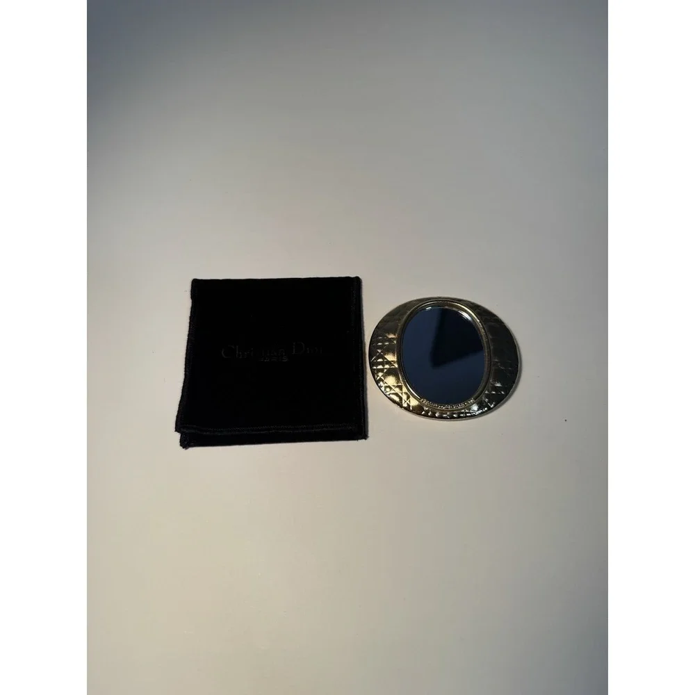 Christian Dior Compact Hand Mirror Matte Gold Vintage W/ Velvet Pouch Authentic